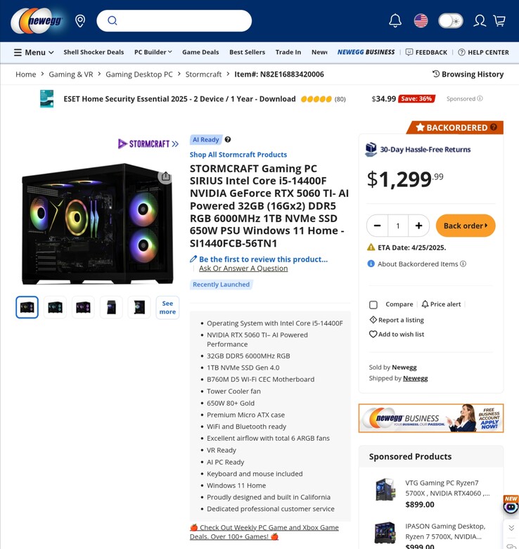 Najtańszy gamingowy PC z RTX 5060 będzie kosztować 1299,99 dolarów. (Źródło zdjęcia: Newegg)