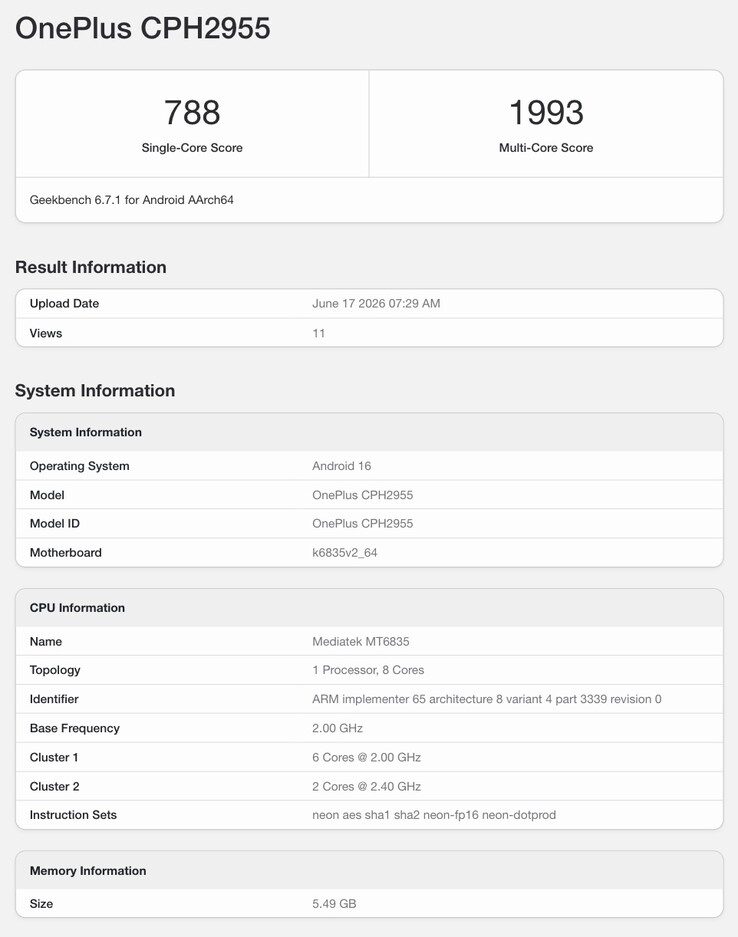 Rzekomy wpis dotyczący modelu OnePlus N6 w serwisie Geekbench.