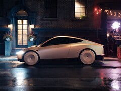 Kabina Tesli zaparkowana na mokrej ulicy miasta w nocy, charakteryzująca się eleganckim, futurystycznym wyglądem z zakrytymi kołami. (Źródło zdjęcia: Tesla)