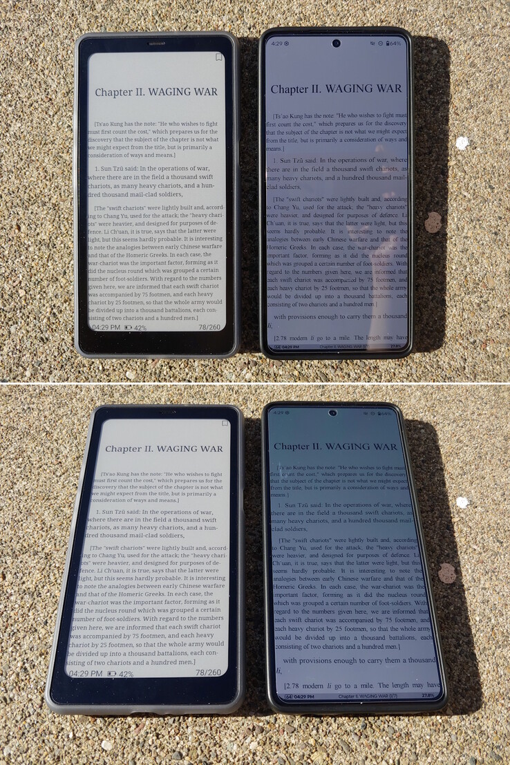 Kaleido vs OLED (~1,200 nitów). Bezpośrednie popołudniowe światło słoneczne.