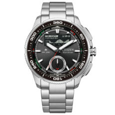 Zdjęcie produktu Citizen Promaster Wave Tracker JV3001-53E z bransoletą ze stali nierdzewnej, czarnym bezelem i hybrydową analogowo-cyfrową tarczą czasomierza jachtowego.