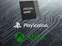 Logo PlayStation i Xbox widoczne pod pamięcią Micron GDDR7 DRAM (źródło zdjęcia: Micron, Sony PlayStation, Xbox Gaming z poprawkami)