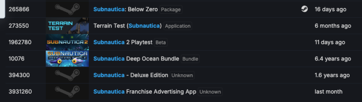 Test gry Subnautica 2 na SteamDB (źródło obrazu: SteamDB)