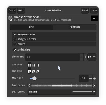 Nowe okno wyboru obrysu GIMP 3.0 ma udoskonalony interfejs użytkownika z kilkoma nowymi opcjami obrysu. (Źródło obrazu: Julian van der Merwe / Notebookcheck)