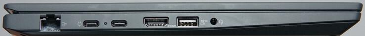 Porty po lewej: 1-Gigabit-LAN, USB4 (40 Gbit/s, DP), USB-C (10 Gbit/s, DP), HDMI, USB-A (5 Gbit/s), zestaw słuchawkowy