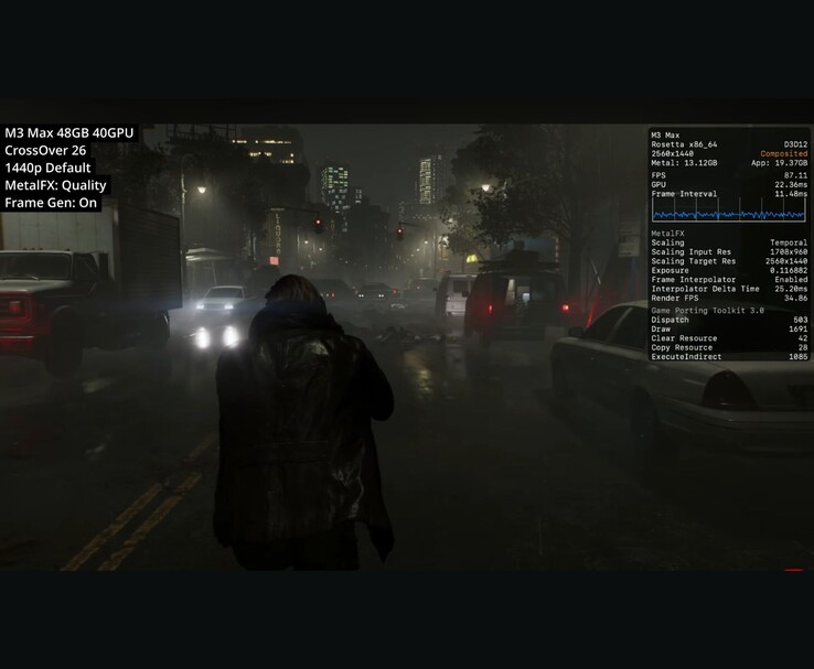 Resident Evil Requiem uruchomiony na M3 Max Mac przez CrossOver 26 przy 1440p z MetalFX Quality i generowaniem klatek pokazującym około 87 FPS.