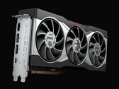 Zbliżenie karty graficznej AMD Radeon RX 6800 XT z potrójnym wentylatorem chłodzącym i srebrną osłoną z widocznym logo Radeon. (Źródło obrazu: AMD)
