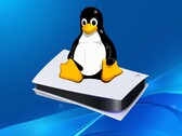 Logo Tux Linux widoczne nad konsolą PS5
