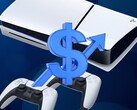 Konsola PS5 pokazana ze znakiem dolara i strzałką w górę (źródło obrazu: Sony PlayStation z poprawkami)