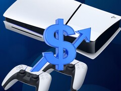 Konsola PS5 pokazana ze znakiem dolara i strzałką w górę (źródło obrazu: Sony PlayStation z poprawkami)