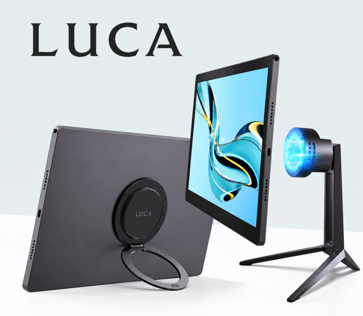 Tablet Luca przedstawiony wraz z magnetycznym systemem mocowania i bezprzewodową podstawką ładującą