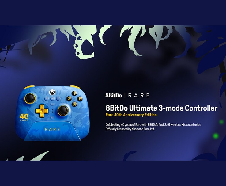 Oficjalna promocja kontrolera 8BitDo Ultimate 3-mode Controller Rare 40th Anniversary Edition, prezentująca design i branding kontrolera. (Źródło obrazu: Oficjalny plakat promocyjny 8BitDo)