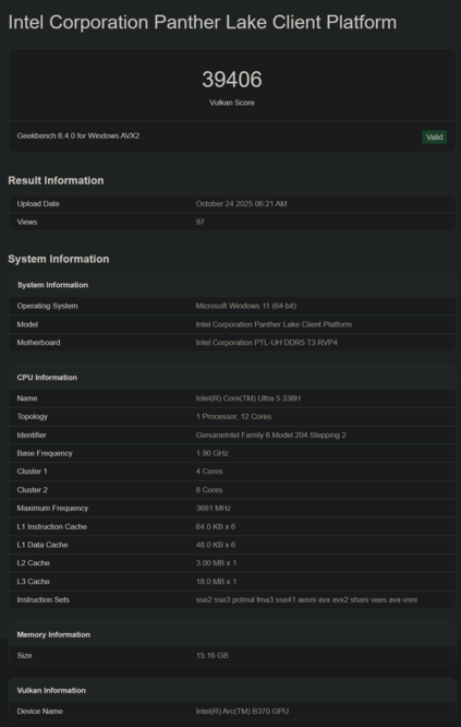 Zestawienie Geekbench Intel Core Ultra 5 328H (źródło obrazu: Geekbench)
