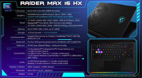 Przedstawiono specyfikację MSI Raider 16 Max HX (źródło obrazu: MSI PR)