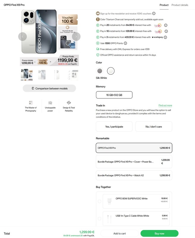 We Włoszech obowiązuje zniżka w wysokości 100 euro na Oppo Find X9 Pro i dwie różne oferty pakietowe.