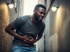 Czarnoskóry mężczyzna trzymający się za brzuch (źródło obrazu: obraz wygenerowany przez sztuczną inteligencję)