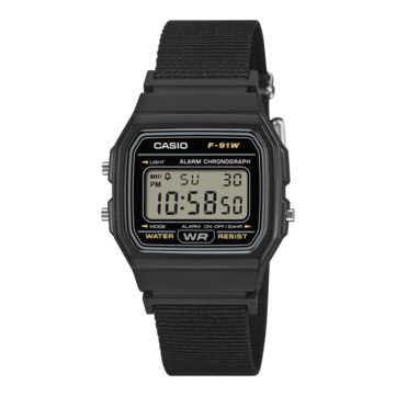 Zegarek cyfrowy Casio F-91WF-1A z czarną obudową i czarnym paskiem z tkaniny.