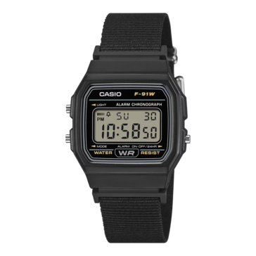 Casio F-91WF-1A z czarnym paskiem z tkaniny.