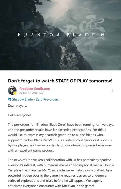 Liang Qiwei z firmy S-Game przekazuje aktualne informacje dotyczące zamówień przedpremierowych na grę „Phantom Blade Zero”