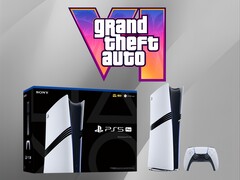 Konsola PS5 Pro pokazana poniżej logo GTA 6 (źródło zdjęcia: Sony PlayStation, Rockstar Games z poprawkami)