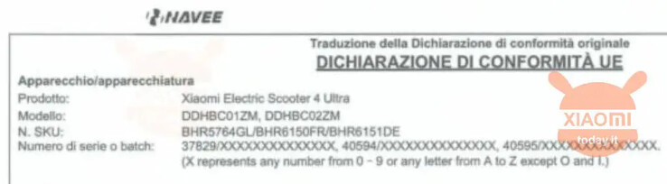 Deklaracja zgodności dla skutera elektrycznego Xiaomi 4 Ultra we Włoszech. (Źródło obrazu: XiaomiToday.it)