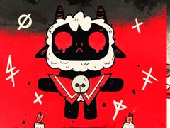 Baranek, zwany też przez fanów Lambertem, z gry Cult of the Lamb unoszący się na czerwono-czarnym tle z czerwonymi oczami, małymi rogami i rytualnymi symbolami wokół niego. (Źródło obrazu: studio deweloperskie Massive Monster)