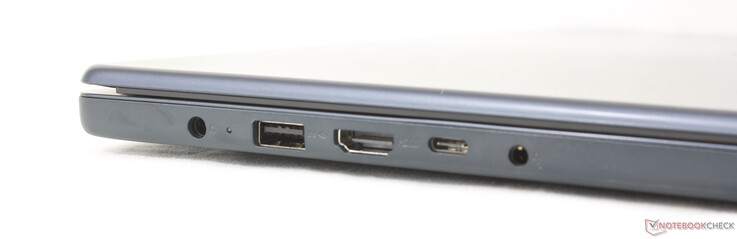 Po lewej: zasilacz sieciowy, USB-A (5 Gb/s), HDMI 1.4, USB-C (5 Gb/s) z obsługą Power Delivery 3.0 + DisplayPort 1.2, gniazdo słuchawkowe 3,5 mm