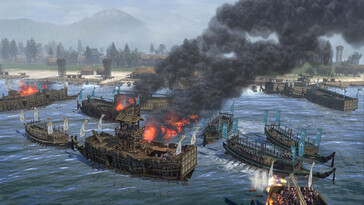 Obraz przedstawiający bitwę morską w grze „Total War: Shogun 2”.