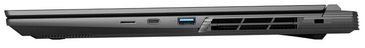 Prawa strona: czytnik kart microSD, Thunderbolt 4/USB 4 (USB-C; Power Delivery, DisplayPort), USB 3.2 Gen 1 (USB-A), gniazdo na blokadę kabla