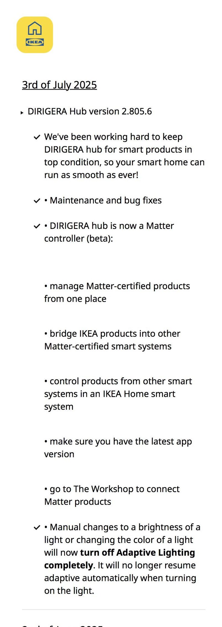Informacje o wydaniu oprogramowania IKEA Dirigera Hub w wersji 2.805.6. (Źródło zdjęcia: IKEA via Reddit)