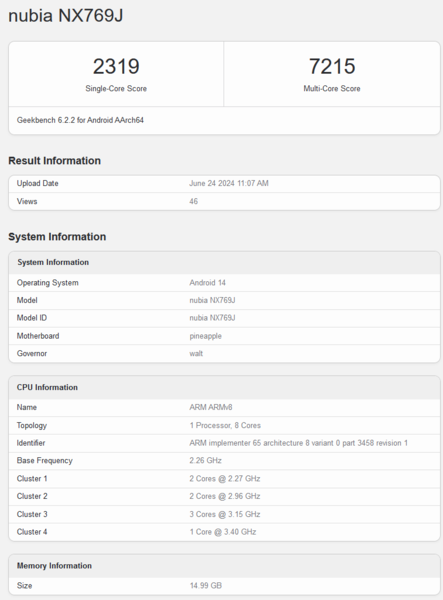 Lista Geekbench Redmagic 9S Pro (zdjęcie za pośrednictwem Geekbench)