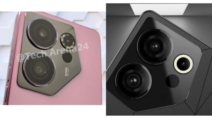 Domniemany Camon 20 Premier 5G na zdjęciu rzeczywistym (po lewej), a po prawej render jego rzekomej czarnej wersji. (Źródło: TheCluesTech)