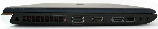 lewy bok: gniazdo zasilania, wylot układu chłodzenia, VGA, HDMI, eSATA, USB 2.0, złącza audio