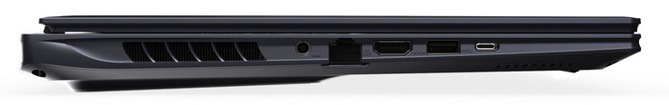 Lewa strona: złącze zasilania, Gigabit Ethernet, HDMI, USB 3.2 Gen 2 (USB-A), Thunderbolt 4 (USB-C; Power Delivery, DisplayPort)