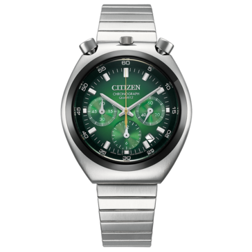 Widok z przodu zegarka Citizen Tsuno Chronograph AN3714-76W z zieloną tarczą gradientową.