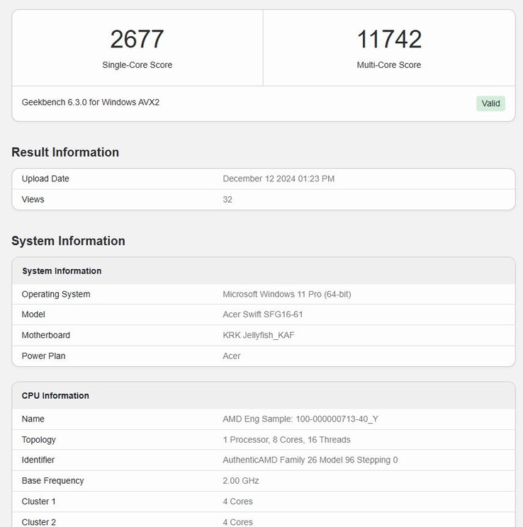 Nadchodzący 8-rdzeniowy układ AMD Ryzen AI 7 350 zadebiutował w Geekbench z przyzwoitymi wynikami. (Źródło obrazu: Geekbench)