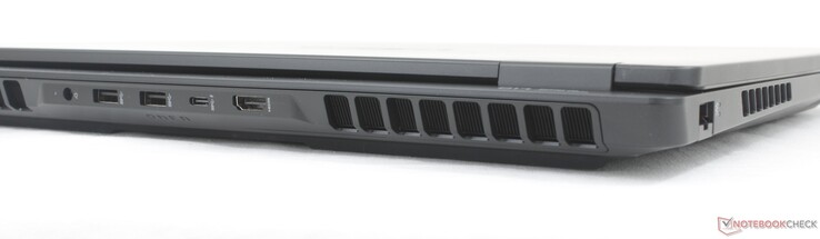 Tył: Zasilacz sieciowy, 2x USB-A (10 Gb/s), USB-C z DisplayPort 2.1 + Power Delivery 3.1 (10 Gb/s), HDMI 2.1