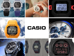 W maju do sklepu internetowego Casio trafiło mnóstwo zegarków. Na zdjęciu - 9 różnych modeli wprowadzonych w tym miesiącu na jednym zdjęciu, z logo Casio pośrodku. (Źródło zdjęcia: Casio - edytowane)