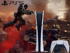 Grafika Gears of War: E-Day z logo PS5 i konsolą.