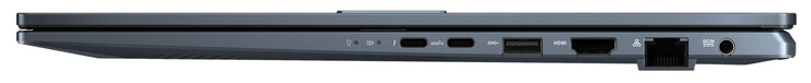 Prawa strona: Thunderbolt 4 (USB-C; zasilanie, DisplayPort), USB 3.2 Gen 2 (USB-C; zasilanie), USB 3.2 Gen 1 (USB-A), HDMI, gigabitowy Ethernet, złącze zasilania