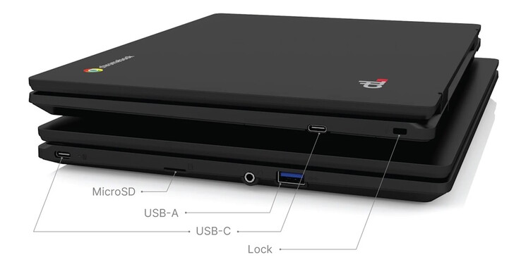 CTL Chromebook PX121E jest wyposażony w dwa porty USB-C, jeden port USB-A, jedno gniazdo microSD i gniazdo blokady bezpieczeństwa. (Źródło obrazu: CTL)