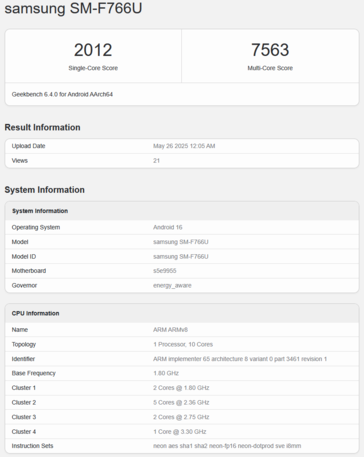 Geekbench Exynos 2500 z Galaxy Z Flip 7 (źródło obrazu: Geekbench)