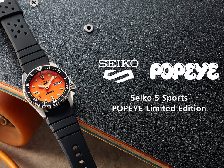 Tekst alternatywny: Ujęcie pod kątem modelu Seiko 5 Sports x Popeye HDB013, na którym widać pomarańczową tarczę, czarną obrotową ramkę oraz kopertę ze stali nierdzewnej.