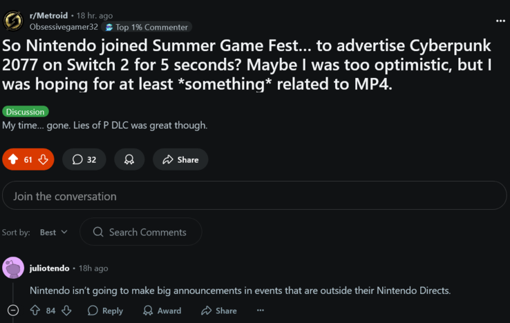 Reakcja fanów Nintendo na Summer Game Fest 2025 (źródło obrazu: zrzut ekranu, subreddit Metroid)
