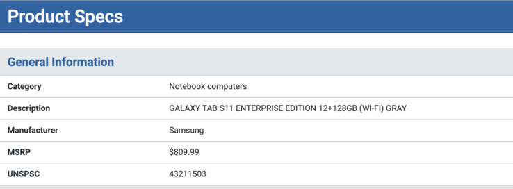 Lista tabletów Galaxy Tab S11 Enterprise Edition. (Źródło obrazu: SHI)