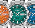 Trzy zegarki Casio MTP-E740 w kolorach pomarańczowym, turkusowym i jasnoniebieskim, przedstawione obok siebie z półprzezroczystymi tarczami, przez które widać znajdujące się pod spodem koła wskazujące dzień tygodnia i datę.