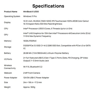 Pełna specyfikacja techniczna urządzenia MiniBook X U300