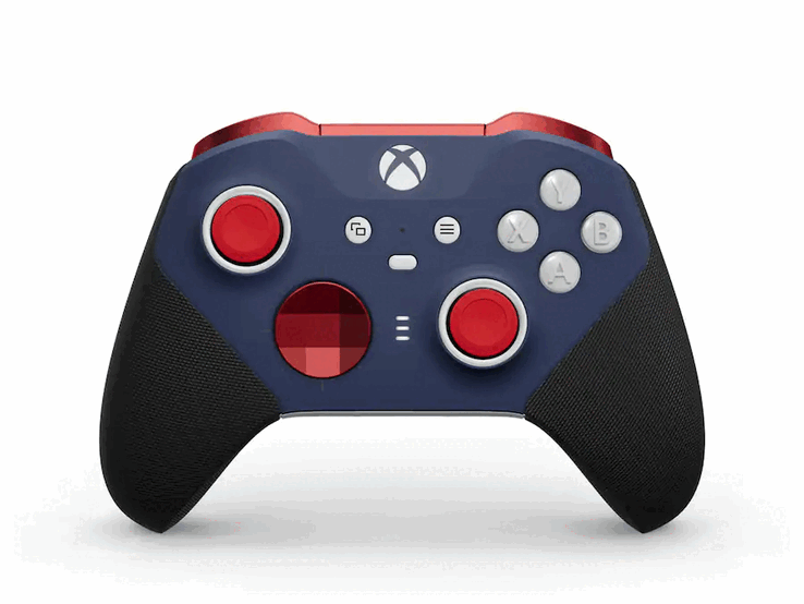 Kontroler bezprzewodowy Xbox Elite Series 2 Core w kolorze czerwonym i niebieskim.