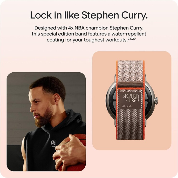 Pasek ten zawiera wizerunek Stephena Curry'ego oraz branding #LockIn i nie jest oferowany wraz ze standardowymi modelami o średnicy 41 mm i 45 mm.
