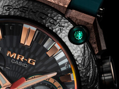 Zbliżenie na bezel w Casio MRG-B2000KT-3A (na zdjęciu), ze szmaragdową zielenią w rogu. (Źródło zdjęcia: Casioblog)
